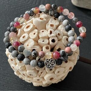 Handmade natural Stone Beaded Bracelet Set Lava Jasper Labradorite Tourmaline